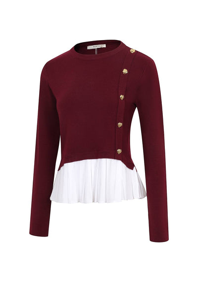 Collab Boutique burgundy knit crew neck pullover top with white pleated hem and gold buttons on the side. Cotton, Viscose.