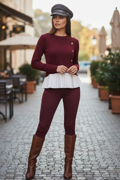 Collab Boutique burgundy knit crew neck pullover top with white pleated hem and gold buttons, long sleeves. Cotton/Viscose.