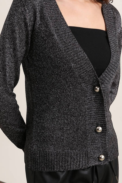 Collab Boutique charcoal grey metallic knit V-neck cardigan with ribbed edges and silver buttons. Polyester, Polyamide blend.