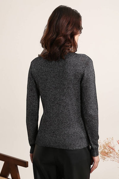 Collab Boutique charcoal grey metallic knit V-neck cardigan with ribbed edges and silver buttons. Polyester, Polyamide.