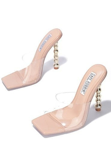 Collab Boutique clear slide heels with tan insole and unique gold beaded heel detail.