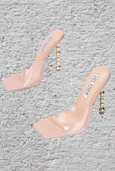 Collab Boutique clear slide heels with tan insole and gold beaded detail heel. Square toe.