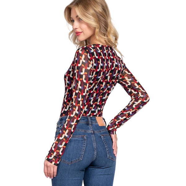 Collab Boutique long sleeve crew neck bodysuit with a colorful geometric print made of polyester and spandex.