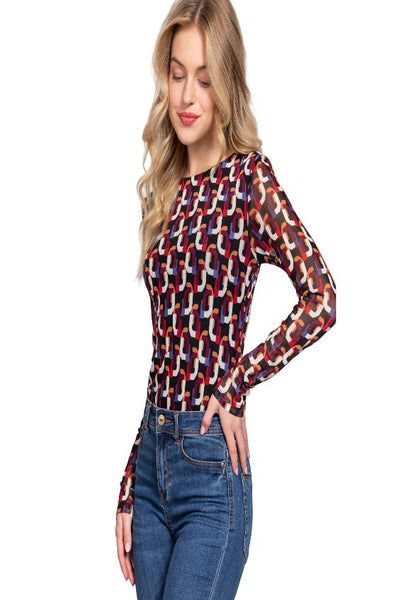 Collab Boutique long sleeve crew neck bodysuit with a colorful geometric print and mesh fabric. Made of polyester and spandex.
