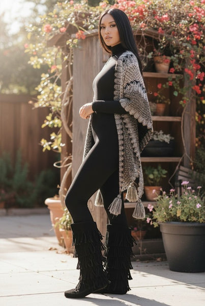 Collab Boutique multi-color crochet patterned poncho with tassels, one size fits most.