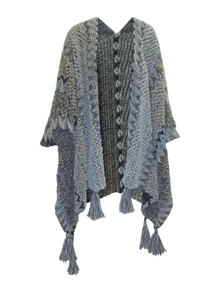 Collab Boutique multi-color crochet patterned poncho with tassels. One size fits most.