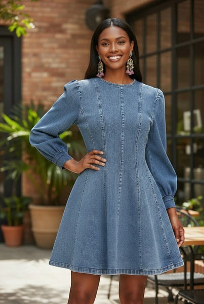 Collab Boutique light wash denim mini dress with puff sleeves and fit-and-flare silhouette.