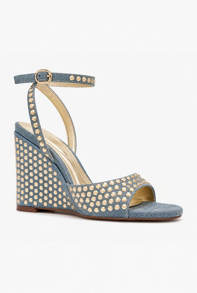 Collab Boutique denim wedge sandals with gold studs, open toe, and ankle strap.