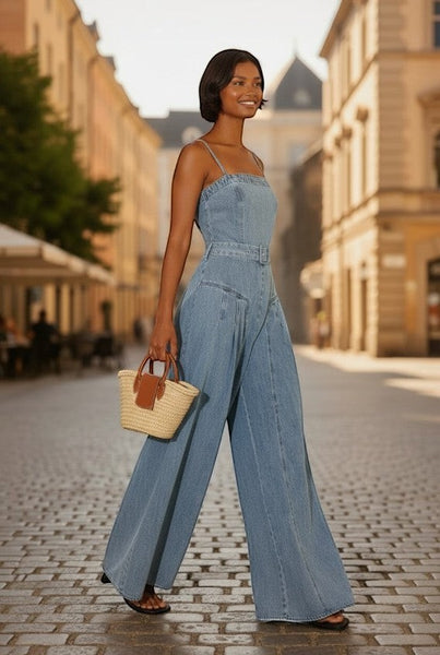 Collab Boutique light wash denim wide leg jumpsuit with square neckline, spaghetti straps, and matching belt.