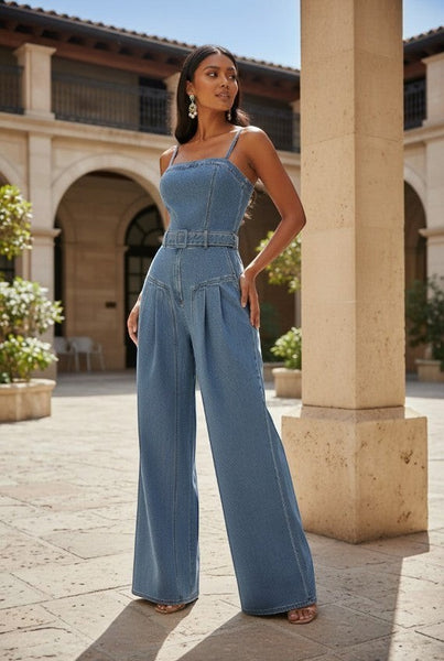 Collab Boutique light wash denim wide leg jumpsuit with square neckline, spaghetti straps, and matching belt.
