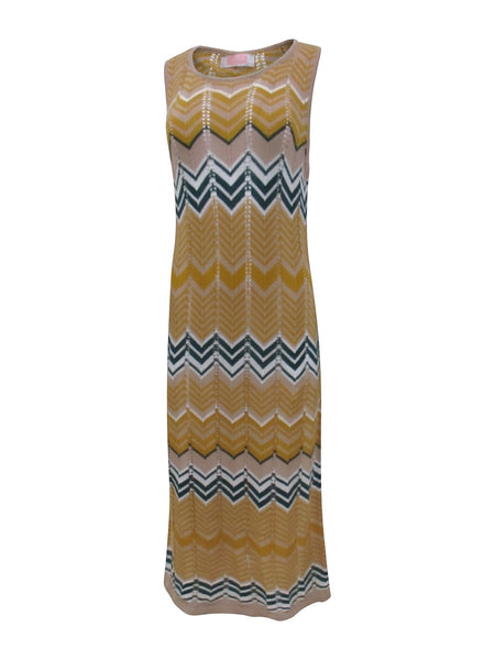 Collab Boutique geometric knit maxi dress with crew neck and sleeveless design in mustard, beige, and teal chevron pattern.