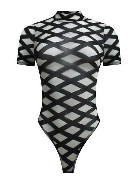 Collab Boutique black and white geometric print mock neck short sleeve mesh bodysuit made of nylon and spandex.