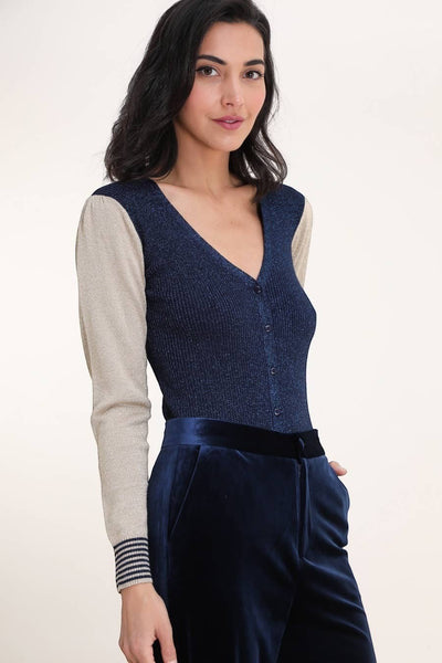 Collab Boutique navy blue metallic knit cardigan with gold sleeves, v-neck, front buttons, and striped cuffs.