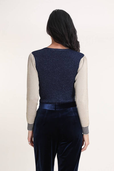 Collab Boutique gold and black metallic knit cardigan with v-neck and striped cuffs. Viscose blend.