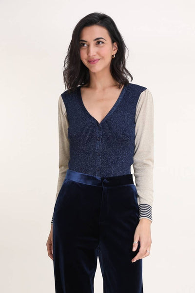 Collab Boutique navy and gold metallic knit cardigan with v-neck, front buttons, and striped cuffs. Viscose blend.
