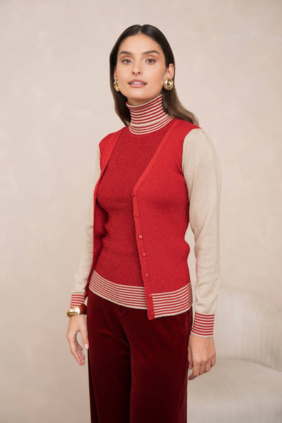 Collab Boutique gold and black metallic knit cardigan with v-neck, front buttons, and striped cuffs. Viscose blend.