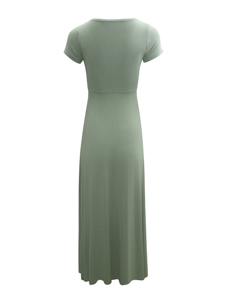 Collab Boutique sage green rayon spandex crew neck short sleeve maxi dress with twisted top detail.