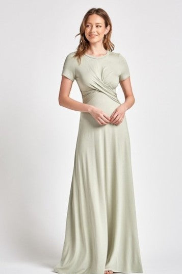 Collab Boutique light green rayon spandex crew neck t-shirt maxi dress with short sleeves and a flattering twisted front detail.