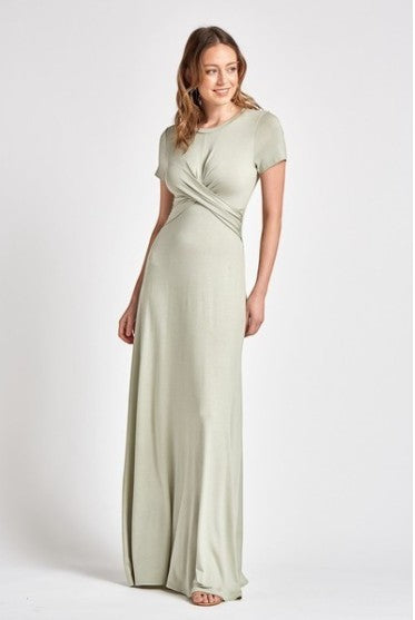 Collab Boutique light green rayon spandex crew neck maxi dress with short sleeves and a flattering twisted front detail.