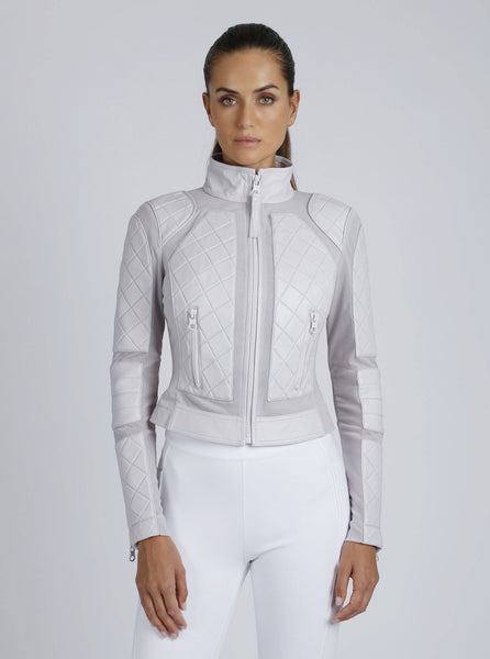 Collab Boutique light grey diamond quilted leather motorcycle jacket with zipper front and adjustable back laces.