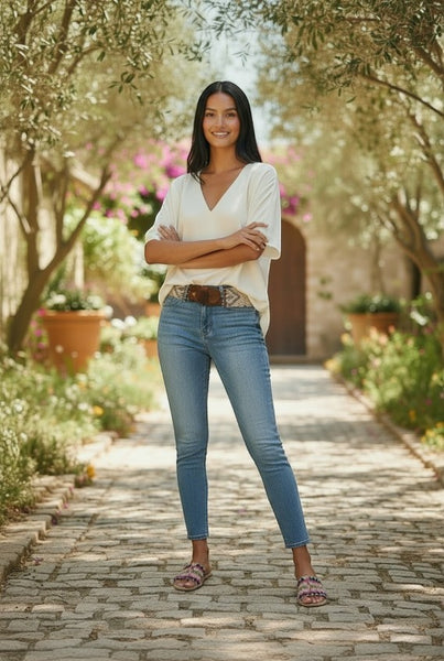 Collab Boutique ivory diamond patterned beaded belt with elastic and wooden buckle, worn by a model with light wash jeans.