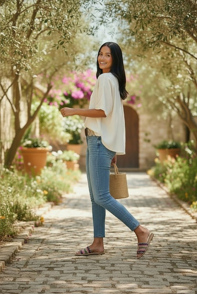 Collab Boutique ivory diamond patterned beaded belt with elastic and wooden buckle, worn by a woman in jeans.
