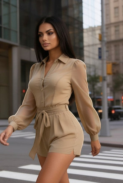 Collab Boutique khaki chiffon long sleeve button-front romper with detachable belt and V-neckline.