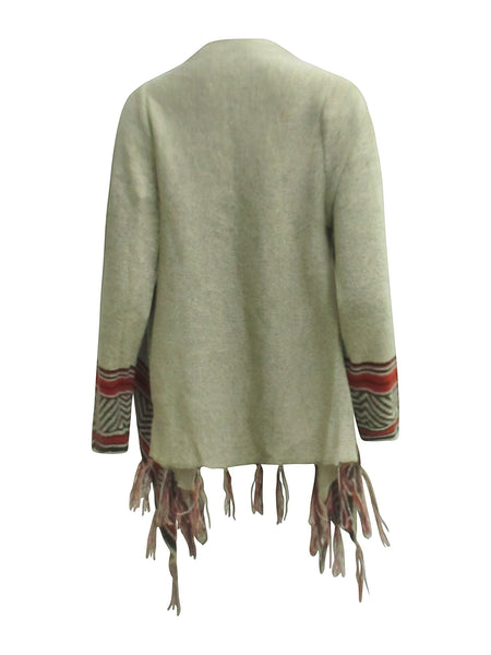 Collab Boutique tan, brown, auburn, black knit sweater with fringe and geometric pattern on cuffs and hem.