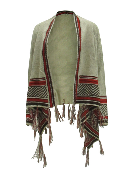 Collab Boutique tan, brown, auburn, and black knit sweater with geometric pattern and fringe detail.