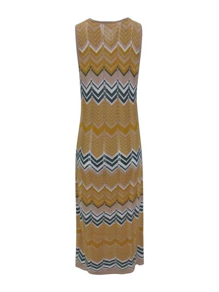 Collab Boutique geometric knit maxi dress in mustard yellow, beige, white, and teal chevron pattern. Sleeveless, crew neck.