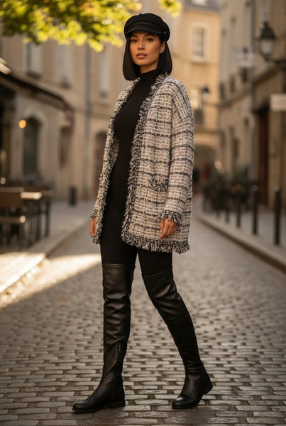 Collab Boutique knitted sweater coat in grey, black, and white with fringed trim and pockets. Hook and eyelet closure.