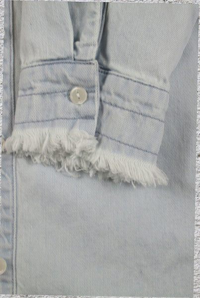 Collab Boutique light blue 100% cotton denim shirt dress with distressed hem and button cuffs.