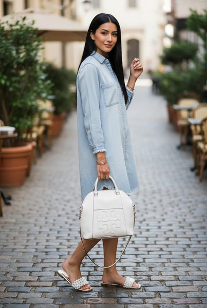 Collab Boutique light blue 100% cotton denim shirt dress with chest pockets and distressed hem.