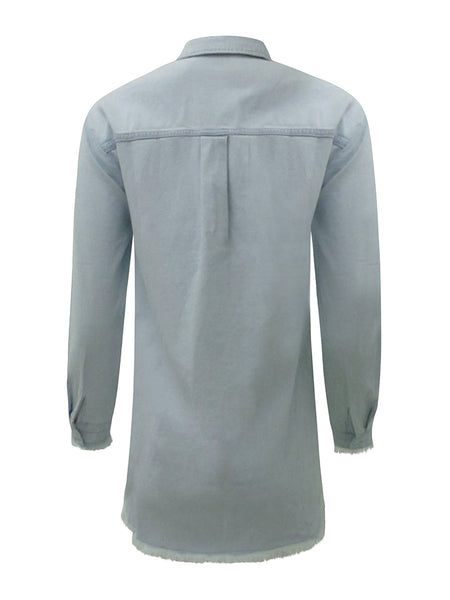 Collab Boutique light blue 100% cotton denim shirt dress with distressed hem and front chest pockets.