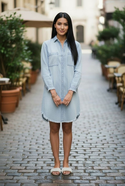 Collab Boutique light blue 100% cotton denim shirt dress with chest pockets and distressed hem.