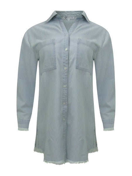Collab Boutique light blue 100% cotton denim shirt dress with chest pockets and distressed hem.
