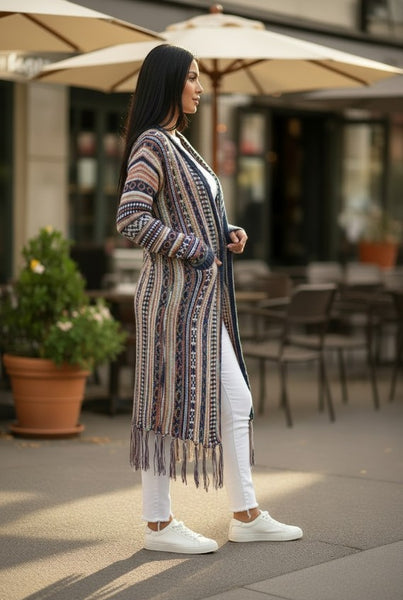 Collab Boutique longline knit cardigan with geometric pattern, fringed hem, and earthy tones. Model wears white jeans and sneakers.