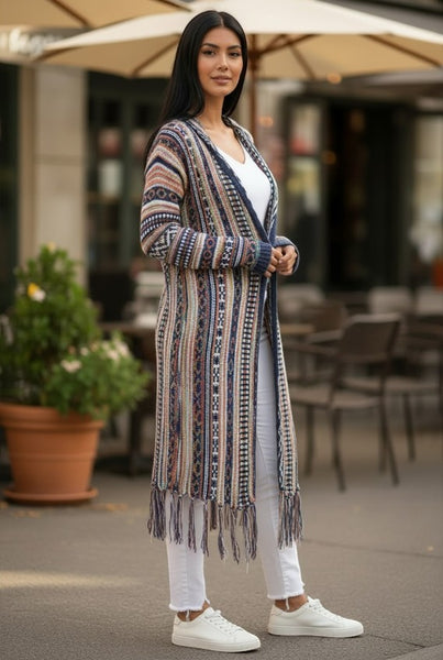 Collab Boutique longline knit cardigan with geometric pattern, fringed hem, and hood. Multi-color tribal design.