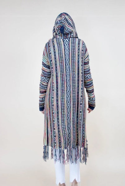 Collab Boutique longline hooded knit cardigan with geometric tribal pattern and fringed hem in multi-color.
