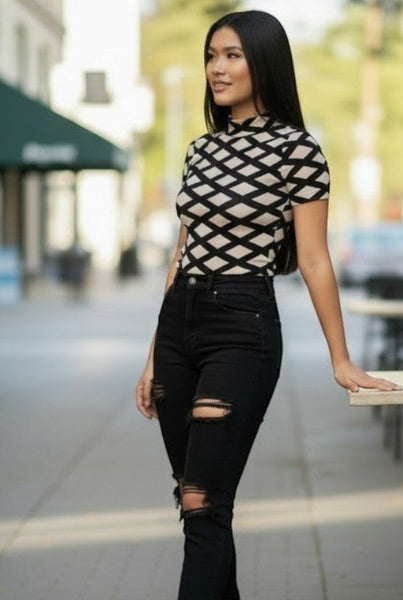 Collab Boutique black and beige diamond print mock neck short sleeve mesh bodysuit made of nylon and spandex.