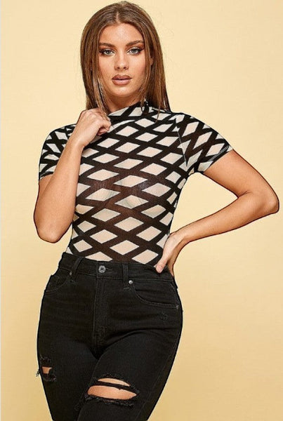 Collab Boutique black and white diamond print mock neck short sleeve mesh bodysuit made of nylon and spandex.