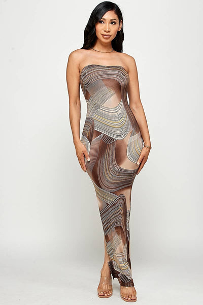 Collab Boutique multicolor printed strapless maxi dress with back slit. Made of polyester and spandex.