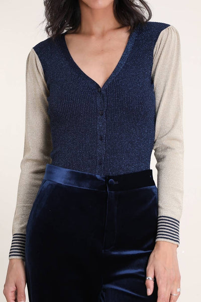 Collab Boutique navy blue metallic knit cardigan with gold sleeves, v-neck, front buttons, and striped cuffs.