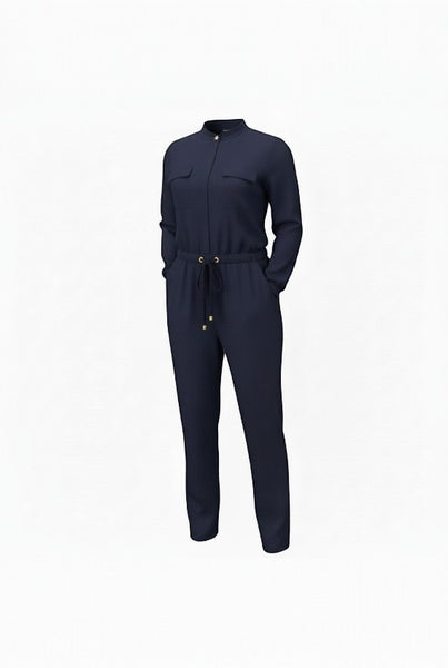 Collab Boutique navy blue polyester-spandex long sleeve jumpsuit with drawstring waist and tapered ankle.