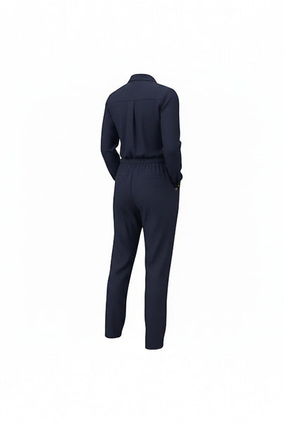 Collab Boutique navy blue polyester-spandex long sleeve jumpsuit with elastic waist and tapered ankle.