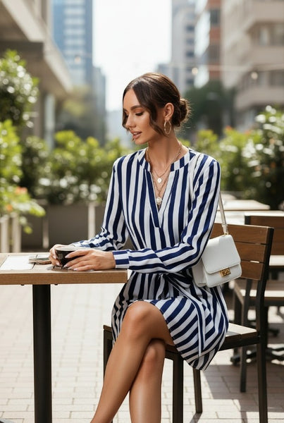 Collab Boutique navy and white striped long sleeve mini dress with detachable belt. Model wears size S.