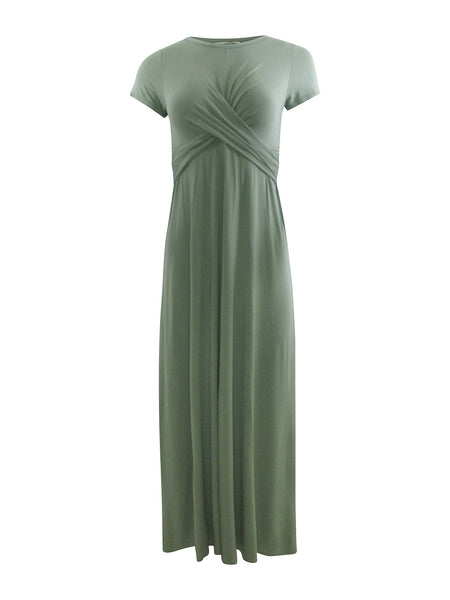 Collab Boutique olive green rayon spandex crew neck t-shirt maxi dress with short sleeves and a twisted front detail.