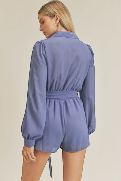 Collab Boutique periwinkle blue chiffon long sleeve romper with puff sleeves, elastic waist, and detachable belt.