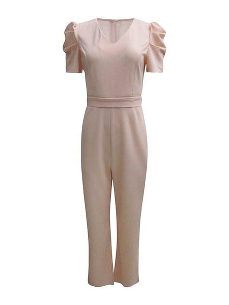 Collab Boutique pale pink polyester-elastane jumpsuit with puffed short sleeves, V-neck, and wide legs.