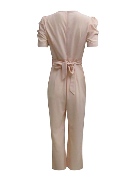Collab Boutique pale pink polyester-elastane jumpsuit with puffed short sleeves, V-neck, wide legs, and self-tie waist.